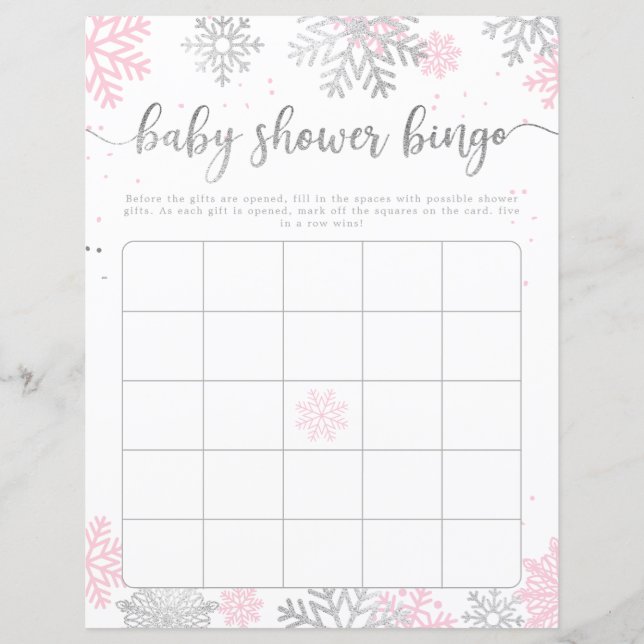 Roze Zilveren Sneeuwvlokken Baby shower Bingogame (Voorkant)