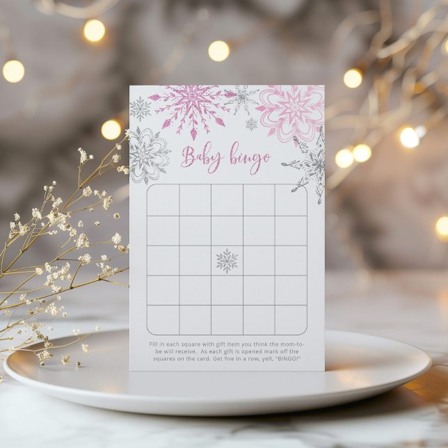 Roze zilveren sneeuwvlokken baby shower bingogame (Creator heeft geüpload)