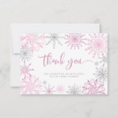 Roze zilveren sneeuwvlokken baby shower dank u bedankkaart (Voorkant)