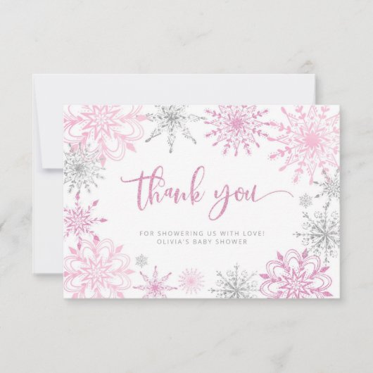 Roze zilveren sneeuwvlokken baby shower dank u bedankkaart (Voorkant)