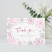 Roze zilveren sneeuwvlokken baby shower dank u bedankkaart (Staand voorkant)
