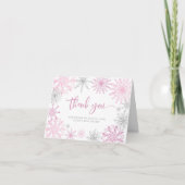 Roze zilveren sneeuwvlokken baby shower dank u kaart (Voorkant)