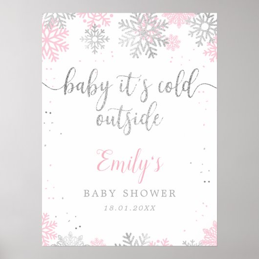 Roze Zilveren Sneeuwvlokken Baby shower Welkomstbo Poster (Voorkant)