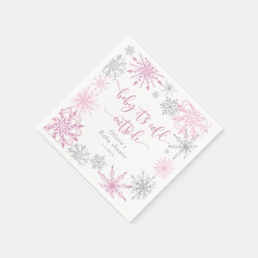 Roze zilveren sneeuwvlokken baby zijn koude buiten servet (Hoek)