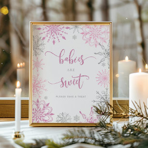 Roze zilveren sneeuwvlokken Baby's zijn zoet Poste Poster