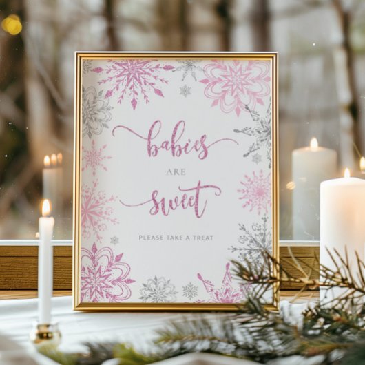Roze zilveren sneeuwvlokken Baby's zijn zoet Poste Poster