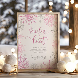 Roze zilveren sneeuwvlokken Fopspeen jacht spel Po Poster