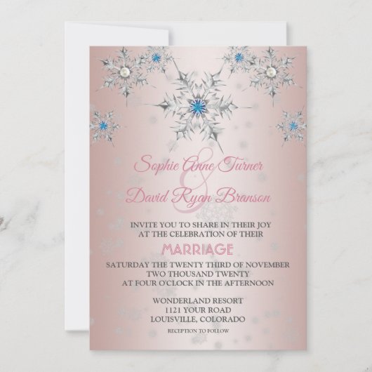 Roze zilveren sneeuwvlokken Kristallen Blauw parel Kaart (Voorkant)