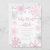 Roze zilveren sneeuwvlokken winter meisje baby sho kaart (Voorkant)