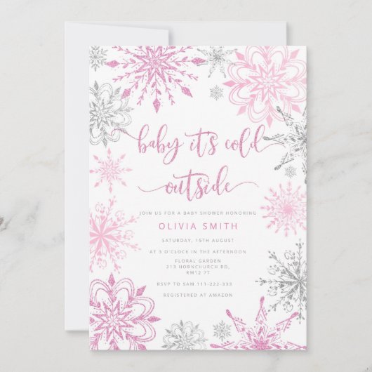 Roze zilveren sneeuwvlokken winter meisje baby sho kaart (Voorkant)