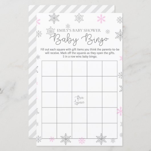 Roze, zilveren, sneeuwvlokvormig Baby shower Game, (Voorkant / Achterkant)