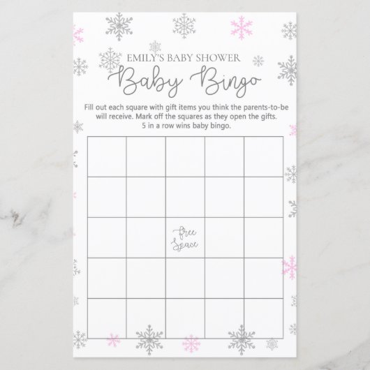 Roze, zilveren, sneeuwvlokvormig Baby shower Game, (Voorkant)