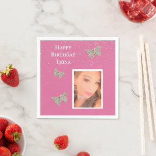 Roze zilveren Sparkle Butterflies op uw foto Servet