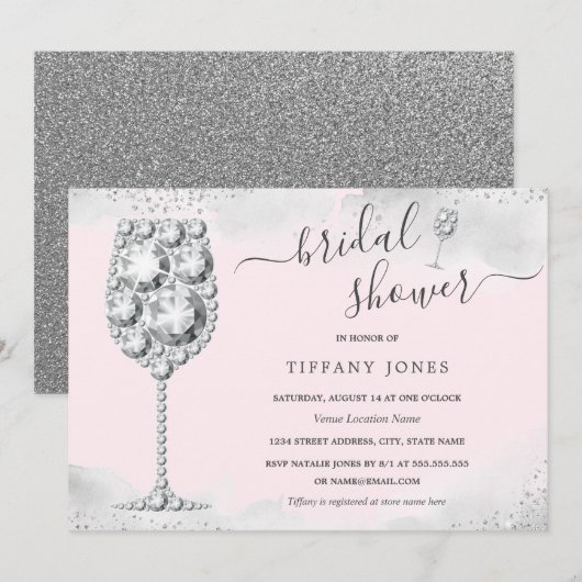 Roze zilveren Sparkle Diamond Bubbly Vrijgezellenf Kaart (Voorkant / Achterkant)