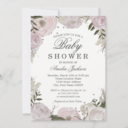 Roze zilveren Sparkle Floral Baby shower Kaart (Voorkant)