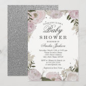 Roze zilveren Sparkle Floral Baby shower Kaart (Voorkant / Achterkant)