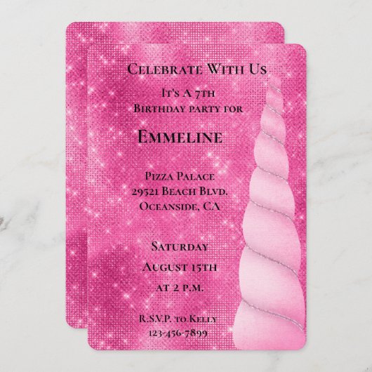 Roze Zilveren Sparkle Glam Eenhoorn Verjaardag Kaart (Voorkant / Achterkant)