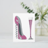 Roze, Zilveren Sparkle Kurkentrekker Stiletto Art Briefkaart (Staand voorkant)