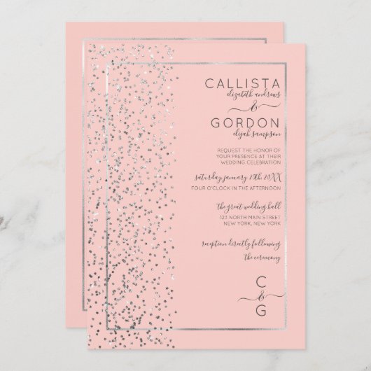 Roze Zilveren Sparkly Glitter Confetti Side Weddin Kaart (Voorkant / Achterkant)