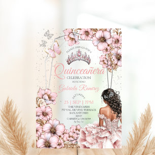 Roze Zilveren Tiara Bloem Vlinder Quinceañera Acryl Uitnodigingen