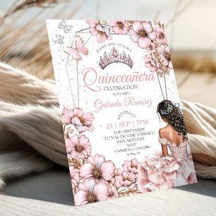 Roze Zilveren Tiara Bloem Vlinder Quinceañera Kaart