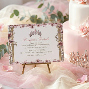 Roze Zilveren Tiara Bloemige Quinceañer Bijkaart Informatiekaartje