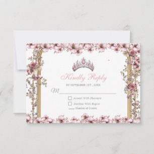 Roze Zilveren Tiara Bloemige Quinceañera RSVP Kaartje