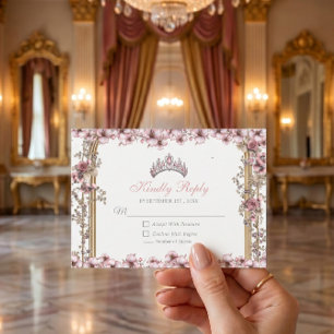 Roze Zilveren Tiara Bloemige Quinceañera RSVP Kaartje
