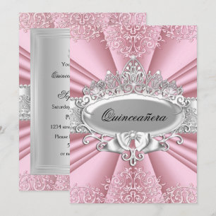 Roze/Zilveren Tiara & Damast Quinceanera 15de Fees Kaart