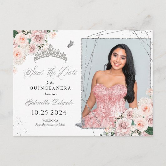 Roze & Zilveren Tiara Quinceañera Fotokaart Briefkaart (Voorkant)