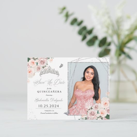 Roze & Zilveren Tiara Quinceañera Fotokaart Briefkaart (Staand voorkant)