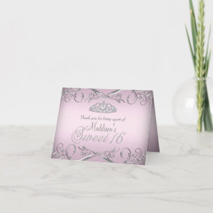 Roze & Zilveren Tiara Sweet 16 Bedankkaart