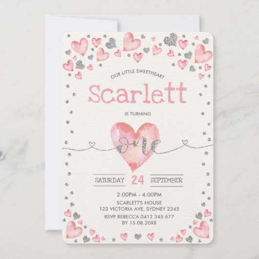 Roze Zilveren Valentijnse Lieverd 1e verjaardag Kaart (Voorkant)