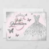 Roze Zilveren Vlinder Sparkle Jurk Quinceanera Kaart (Voorkant)