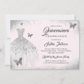 Roze Zilveren Vlinder Sparkle Jurk Quinceanera Kaart (Achterkant)