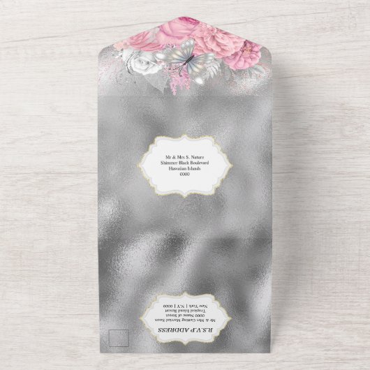 Roze zilveren vlindershimmer glitter roos all in one uitnodiging (Buitenkant)