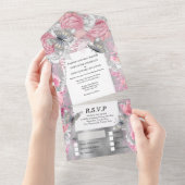 Roze zilveren vlindershimmer glitter roos all in one uitnodiging (Afscheurbaar)