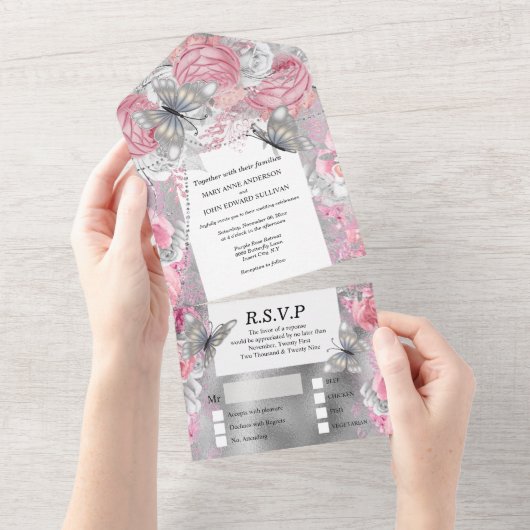Roze zilveren vlindershimmer glitter roos all in one uitnodiging (Afscheurbaar)