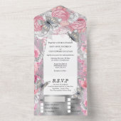 Roze zilveren vlindershimmer glitter roos all in one uitnodiging (Binnen)