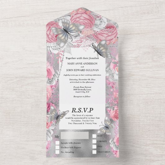 Roze zilveren vlindershimmer glitter roos all in one uitnodiging (Binnen)