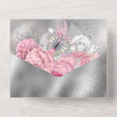 Roze zilveren vlindershimmer glitter roos all in one uitnodiging (Achterkant)