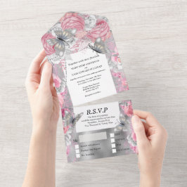 Roze zilveren vlindershimmer glitter roos all in one uitnodiging