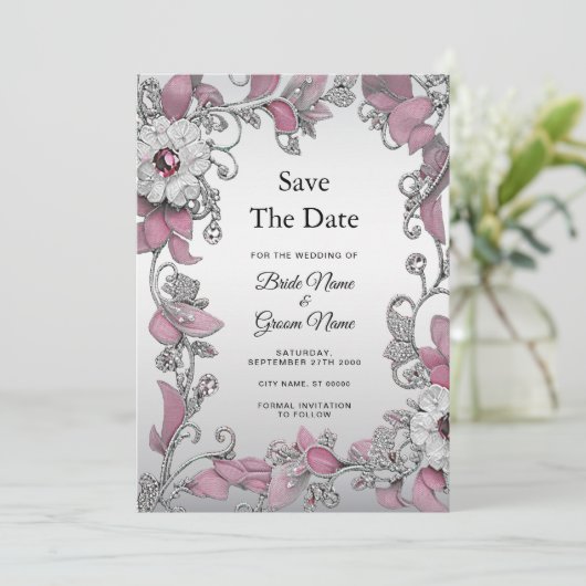 Roze zilveren witte bloem Bewaar de datum Save The Date (Staand voorkant)