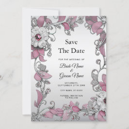 Roze zilveren witte bloem Bewaar de datum Save The Date