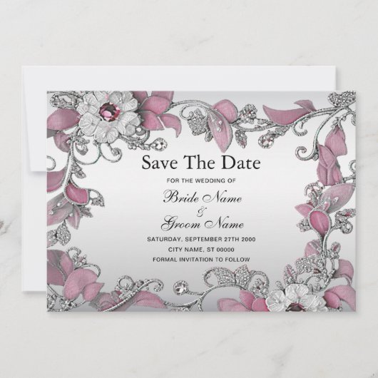Roze zilveren witte bloem Bewaar de datum Save The Date (Voorkant)