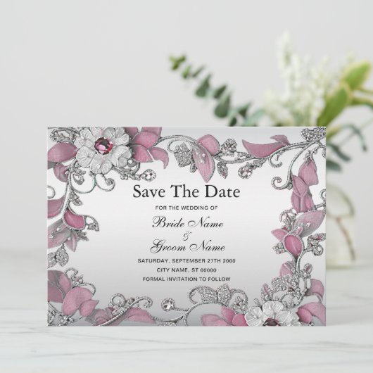 Roze zilveren witte bloem Bewaar de datum Save The Date (Staand voorkant)