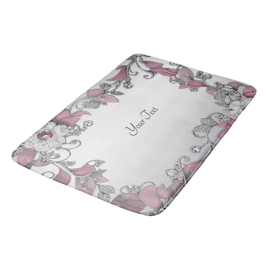 Roze Zilveren Witte Bloemen Badmat (Gekanteld)