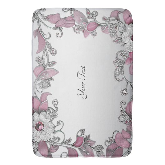 Roze Zilveren Witte Bloemen Badmat (Voorkant Verticaal)