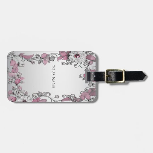 Roze Zilveren Witte Bloemen Bagagelabel (Voorkant horizontaal)