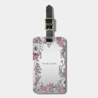 Roze Zilveren Witte Bloemen Bagagelabel